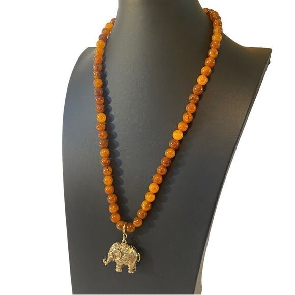 Sarah Coventry Brass Elephant & Amber Beaded Vintage Necklace - Picture 3 of 5